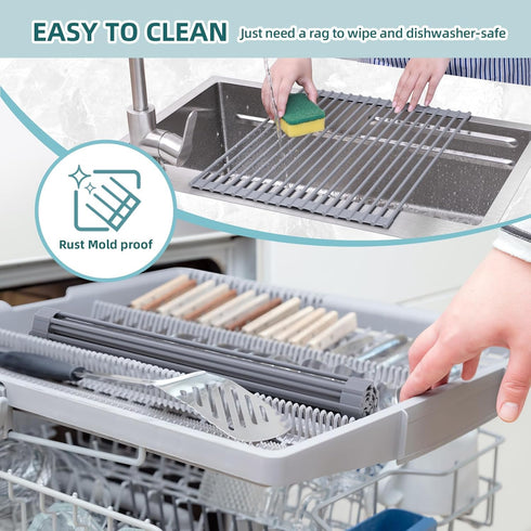 Ohuhu Roll Up Dish Drying Rack, Over The Sink Multipurpose Roll-Up Dish Racks, 16.5" W x 13" L Rolling Heat-Resistant Anti-Slip Silicone Coated Di...
