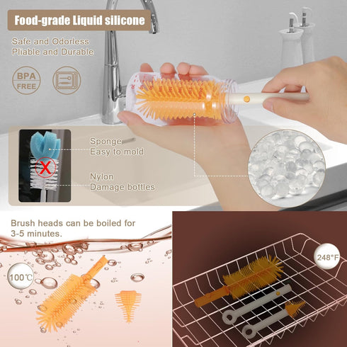 baby bottle brush 7in1 travel bottle cleaner kit with Bottle Brush,Nipple Brush,Straw Cleaner Brush,Soap Dispenser,Bottle Drying Rack,Drainage Tra...