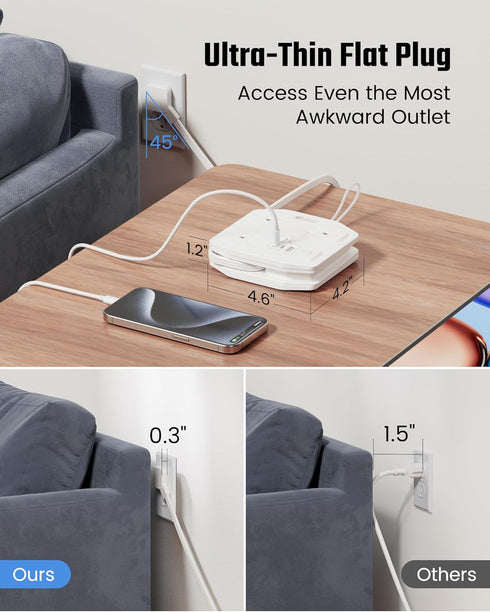 20W Travel Power Strip SUPERDANNY 3-Foot Wrap Up Extension Cord with 3 Outlets and 3 Fast Charging USBs, No Surge Protector Cruise Approved Portab...