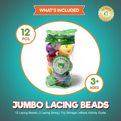Jumbo Lacing Beads for Kids - Montessori Toddler Games and Educational Toys - Rainbow Matching Game and Stringing Bead Set with Toy Storage and Le...