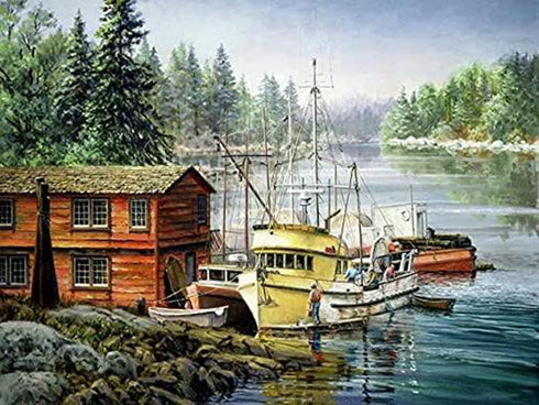MOER SKY Fishing Boats 5D Diamond Painting Kits for Adults and Kids, Ship Full Drill Round Diamond Art Painting with Round Diamonds DIY Painting K...