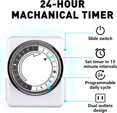 HBN Indoor Timers for Electrical Outlets,24 Hour Mechanical Outlet Timer,Dual Outlets,15 Minute Intervals,2 Polarized Outlets,Heavy Duty Daily On/...