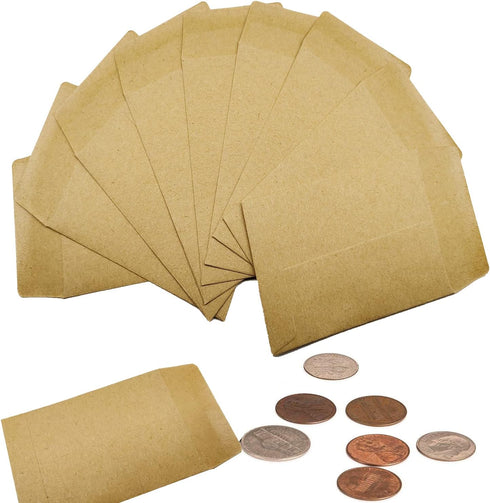 100pcs Kraft Small Coin Envelopes, 2.25"×3.5" Self-Adhesive Seed Envelopes Mini Parts Small Items Stamps Storage Packets Envelope for Garden, Offi...