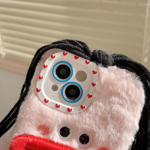for iPhone 14 Phone Case Cute,Kawaii 3D Cartoon DIY Hair Braids Girl Plush Case Furry Winter Warm Shockproof Protective Case Funny for iPhone 14 W...