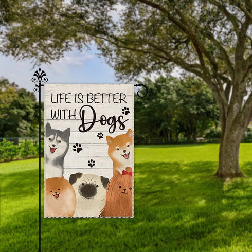 Life is Better with Dogs Husky Shiba Inu Garden Flag, 12 x 18 Inch Double Sided Holiday Yard Outdoor Farmhouse Flag, Garden Flag with Dog, Dog Lov...