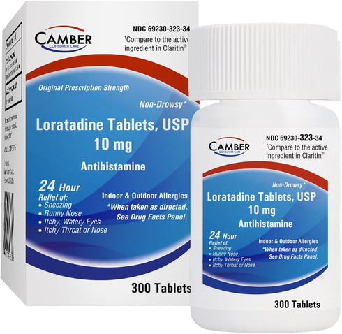 Camber Consumer Care Loratadine 10mg Allergy Pills, Antihistamine 24 Hour, Non Drowsy Allergy Relief (300 Tablets)...
