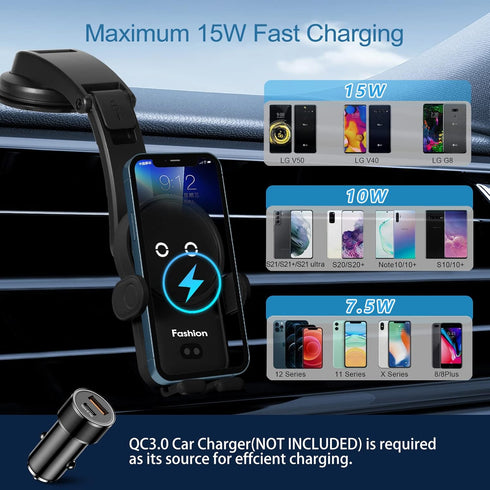 Wireless Car Charger Mount,15W Qi Fast Charger, Wireless Car Charger Smart Sensor Air Vent, Automatic Clamping Phone Holder for iPhone14/13/12/11/...