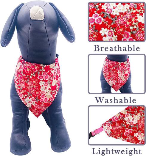 PET SHOW 4Pcs Small Dog Bandanas Slide on Collar Set Washable Cherry Blossoms Puppies Cat Bandanas Bibs Slip Through Collar Accessories for Boy Gi...