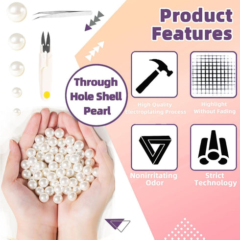 Swpeet 800Pcs 5 Sizes 4mm 6mm 8mm 10mm 12mm White Perforated Pearl Beads and Scissors Tweezers with 0.8mm Elastic Bead Thread Assortment Kit, Craf...