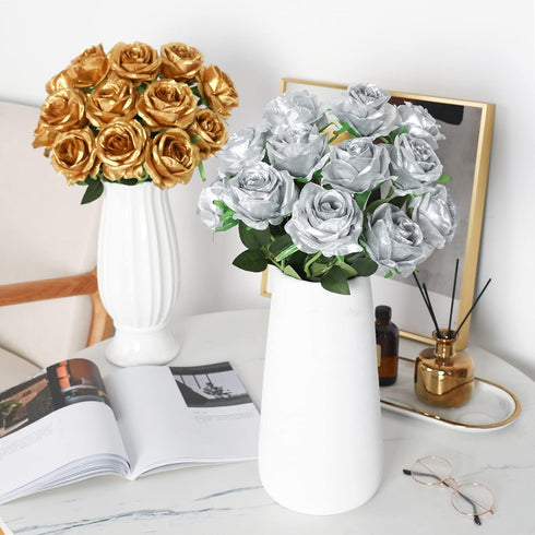 JUSTOYOU 10Pcs Artificial Roses Flowers, Realistic Blossom Roses, Real Touch Silk Rose, Single Fake Flower Long Stem Bouquets for Home Wedding Par...