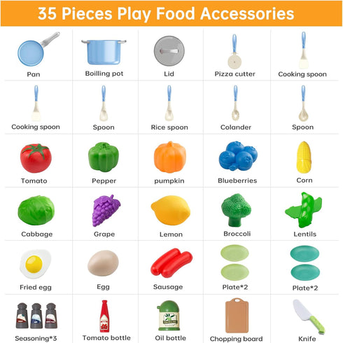35Pcs Kids Kitchen Toy Accessories, Toddler Pretend Cooking Playset with Play Pots and Pans, Utensils Cookware Toys, Play Food Set, Toy Vegetables...