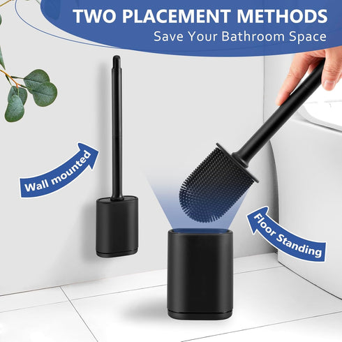 Toilet Brush and Holder, Flexible Silicone Toilet Bowl Brush for Bathroom Deep Cleaning, Toilet Cleaner Brush Set, Wall Mounted/Floor Standing, Bl...