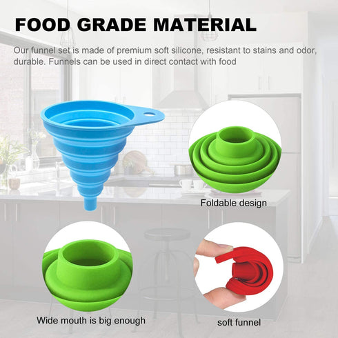 Kitchen Funnel Set of 3, Large Medium and Small, Kitchen Gadgets Accessories Food Grade Silicone Collapsible Funnels for Kitchen Use Filling Bottl...