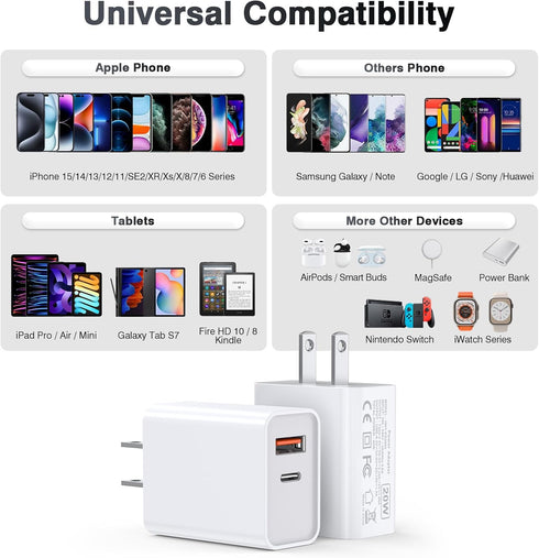 LCGENS USB C Wall Charger Block 20W, 2-Pack Dual Port PD Power Delivery Fast Type C Charging Block Plug Compatible with iPhone 11/12/13/14/15/Pro ...