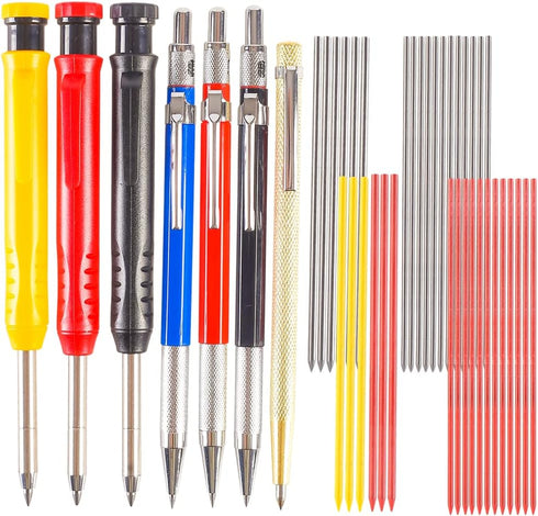 Mechanical Carpenter Pencils Set Including 1 Engraving Pen, 3pcs 2.0 mm Mechanical Pencils with 12pcs Refills, 3pcs 2.8 mm Deep Hole Woodworking P...