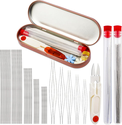 Beading Needles Set Include 60 Pcs Long Straight Beading Thread Needles + 10 Pcs Big Eye Beading Needles, Embroidery Needles with Needle Box, Thim...
