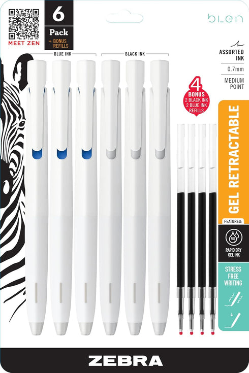 Zebra Pen bLen Retractable Gel Pen + refills, White Barrel, Medium Point, 0.7mm, Black and Blue Ink, 6-Pack...
