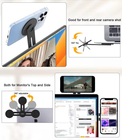 180° Adjustable & Flip Continuity Camera Monitor Mount, Dual Screen Magnetic Phone Holder for Laptop, Slim MacBook Webcam Mount Compatible with Ma...
