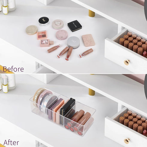Stackable Clear Drawer Organizers Small Makeup Vanity Storage Bins Trays and Office Desk Drawer Dividers Triple Compartments 2 Pack...