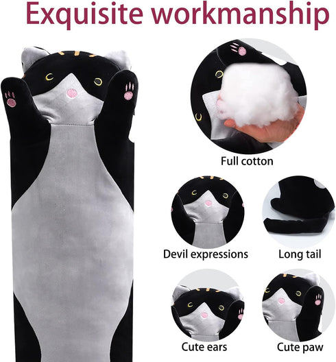 WUYU Lovely Plush Cat Doll Cute Cartoon Soft Stuffed Kitten Pillow Long Throw Sleeping Pillow Doll Toy Gift for Kids Girlfriend Multiple Size (Bla...