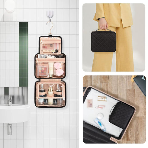 CUBETASTIC Hanging Travel Toiletry Bag, Makeup Bag for Women Girls, 3 Comparment Small Travel Bag Rhombus Quilted Cosmetic Organizer Case Portable...