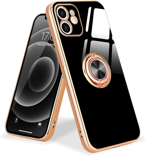 for iPhone 12 Phone Case with 360° Rotatable Finger Ring Holder Kickstand Magnetic Shiny Gold Plated Edge for Women Men Shockproof Soft TPU Protec...