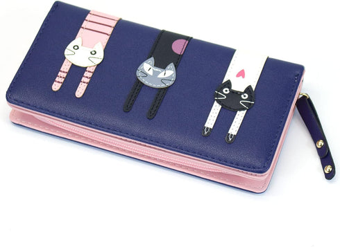 Mini Faux Leather Bifold Cute 3 Cat Zipper Clutch Wallet Handbag for Women Girls...