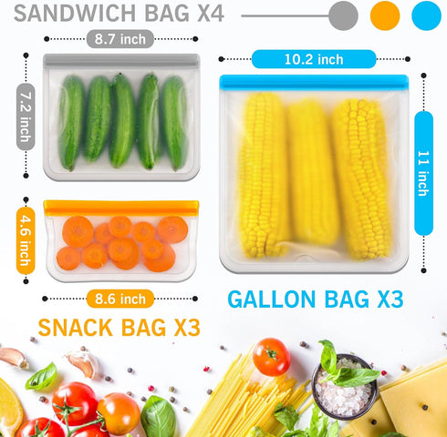 ANZNKU 10 Pack Reusable Food Storage Bags, BPA Free PEVA Reusable Freezer Bags, Dishwasher Safe Silicone Bags, Leak-proof Reusable Lunch Bags for ...