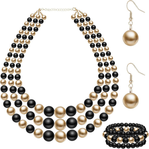3 Pcs Women's Simulated Faux Three Multi Strand Pearl Statement Necklace Earring and Bracelet Costume Jewelry Set...