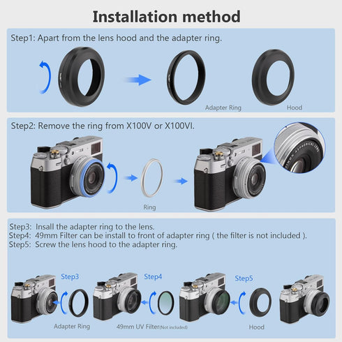 Haoge LH-X51B 2in1 All Metal Ultra-Thin Lens Hood with Adapter Ring Set for Fuji X100VI Fujifilm FinePix X100V Camera Accessories Black...