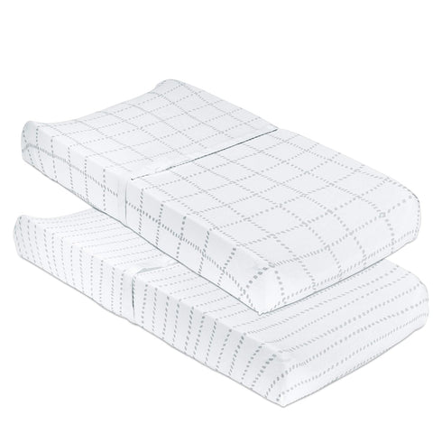 Changing Pad Cover Jersey Knit Cotton for Baby Boy Or Baby Girl Doubles As Cradle Sheet, Grey Dotted Stripes & Grey Grid Lines, (Pack of 2)...