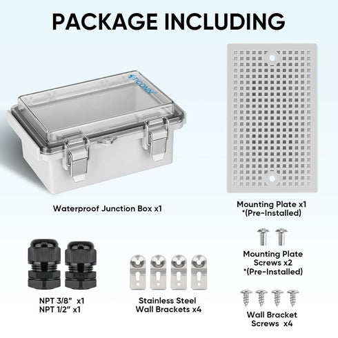 TICONN Waterproof Electrical Junction Box IP67 ABS Plastic Enclosure with Hinged Cover with Mounting Plate, Wall Brackets, Cable Glands (Clear, 5....