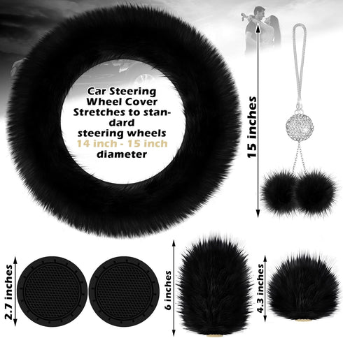 Frienda 6 Pieces Fluffy Car Accessories Set Fluffy Steering Wheel Cover Soft Fuzz Handbrake Cover Gear Shift Cover Bling Car Mirror Fuzz Car Decor...