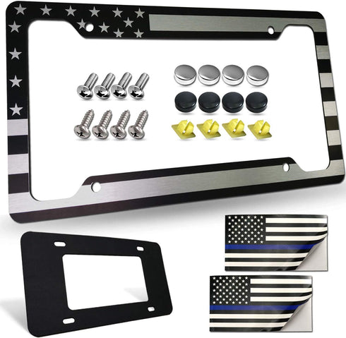 Flag License Plate Frame- USA Patriotic Personalized Car Tag Holder, 4 Hole Black Heavy-Duty Aluminum Bracket, Novelty Thin Cover for Front Bumper...