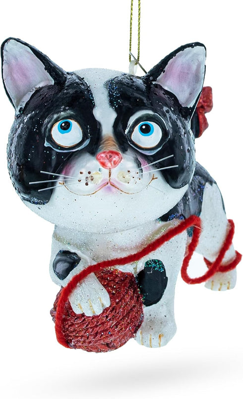 Playful Cat Entangled with Yarn Ball Blown Glass Christmas Ornament...