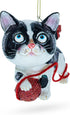 Playful Cat Entangled with Yarn Ball Blown Glass Christmas Ornament...