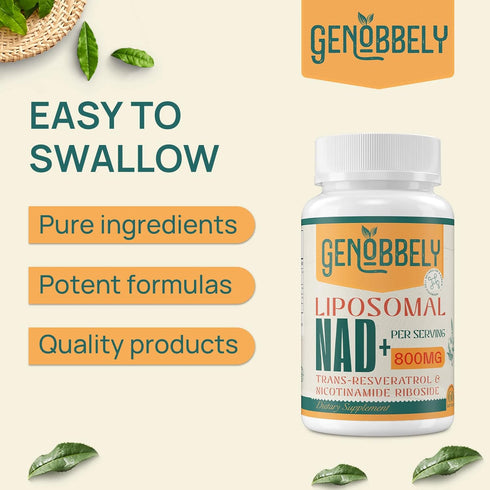 GENOBBELY 800 mg Liposomal NAD+ Supplement with Nicotinamide Riboside 200 mg, Trans-Resveratrol 100 mg - True NAD Supplement for DNA Repair, Healt...