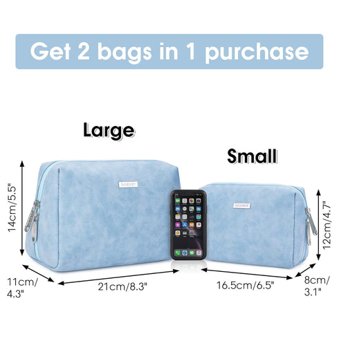 2 Pack Vegan Leather Makeup Bag Zipper Pouch Travel Cosmetic Organizer for Women (Large (Pack of 2), Sky Blue)...