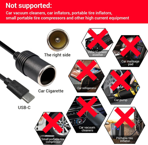 USB C Male to 12V Adapter, USB to Car Cigarette Lighter Socket Converter Cable (2-Pack)......