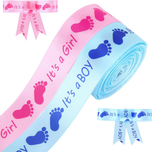 Whaline 2 Rolls Baby Shower Craft Ribbons 20 Yards Blue Pink Satin Ribbons It's a Girl It's a Boy Footprint Gift Wrapping Ribbons for Baby Shower ...