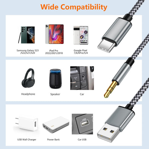 USB C to 3.5mm Aux Audio Cable with Charging, 2 in 1 USB C to 3.5mm Car Stereo Headset Audio Cable with PD 18W Charging Compatible with iPhone 15/...