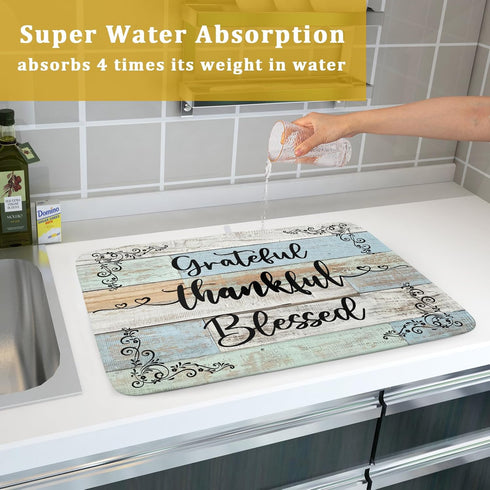 Rustic Wood Dish Drying Mat 18x24 Inch Grateful Thankful Blessed Kitchen Drainer Mats Absorbent Microfiber Rack Holder Countertop Pad...