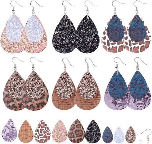 SUNNYCLUE 66Pcs DIY Make 6 Pairs Faux Leather Charms Double Layered Teardrop Drop Charm Dangle Bohemian Earring Making Starter Kit Leopard Print B...