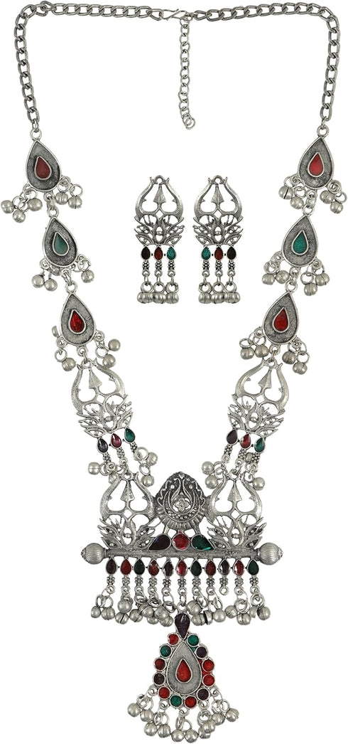 Ethnic Designer Traditional Indian Afghani Antique Silver Oxidized Black Polish Trishul Long Necklace Jewelry...