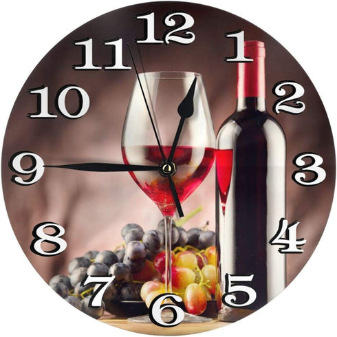 Red Wine with Ripe Grapes Wall Clock Battery Operated Silent Round Clock Wall Decor for Home, Office, School 9.8 Inch...