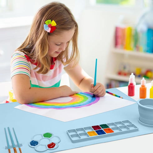 Qoolife Silicone Painting Mat with Cup, 23.6"*15.7" Silicone Art Mats for Crafts with 10 Brushes, 12 Color Dividers, Collapsible Erasable Washable...