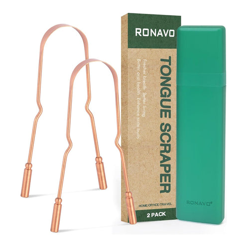 RONAVO Copper Tongue Scraper for Adults (2 Pack), 100% Pure Copper, Naturally Anti-Microbial, Banishes Bad Breath and Maintains Oral Hygiene, Tong...