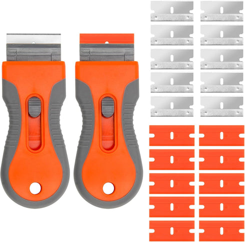 2 PCS Razor Blade Scraper, Glass Scraper Scraping Tool with 20PCS Steel & Plastic Extra Blades for Removing Stickers, Papers, Food Residue, Paint,...