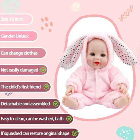 12 Inch Baby Doll with Accessories Set,Pink Rabbit soft baby dolls for 3+ year old girls boy,baby toys for Birthday gift (12 Inch Pink rabbit-YD-W...