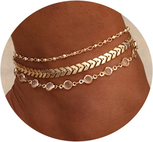 CAROVO Dainty Layered Ankle Bracelets for Women 14K Gold Plated Delicate Snake Anklet Foot Chain with Fishbone Leaves Herringbone Accessories Simp...